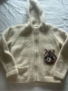 Vintage Hand Knit Wool Mary Maxim “Rocky Raccoon” Cowichan Hooded Zip Sweater